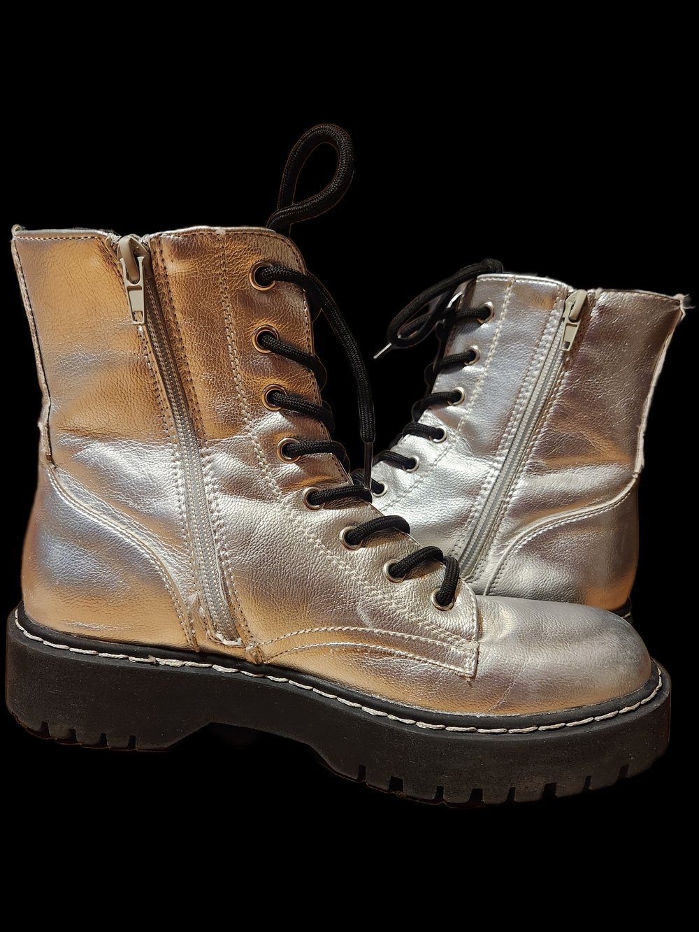 Sincerly Jules Metallic Silver Lace-Up Combat Boots with Side Zips